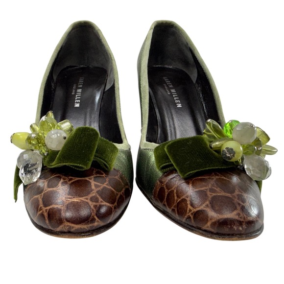 Karen Millen Green Metallic Crocodile Embossed Heels Size 37.5 US 6.5 Velvet Bow - Picture 4 of 11